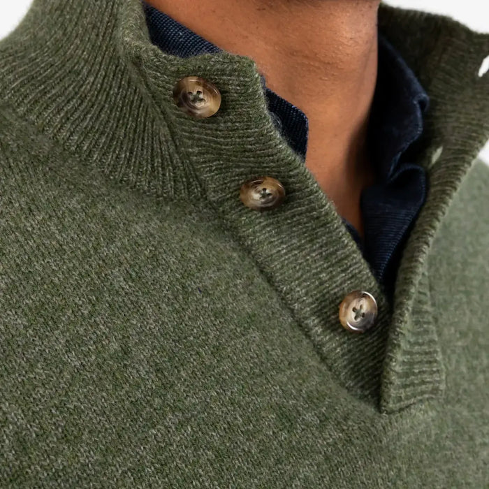 Three-button ribbed mock collar detail on the Sage Brewer Mock Neck Sweater