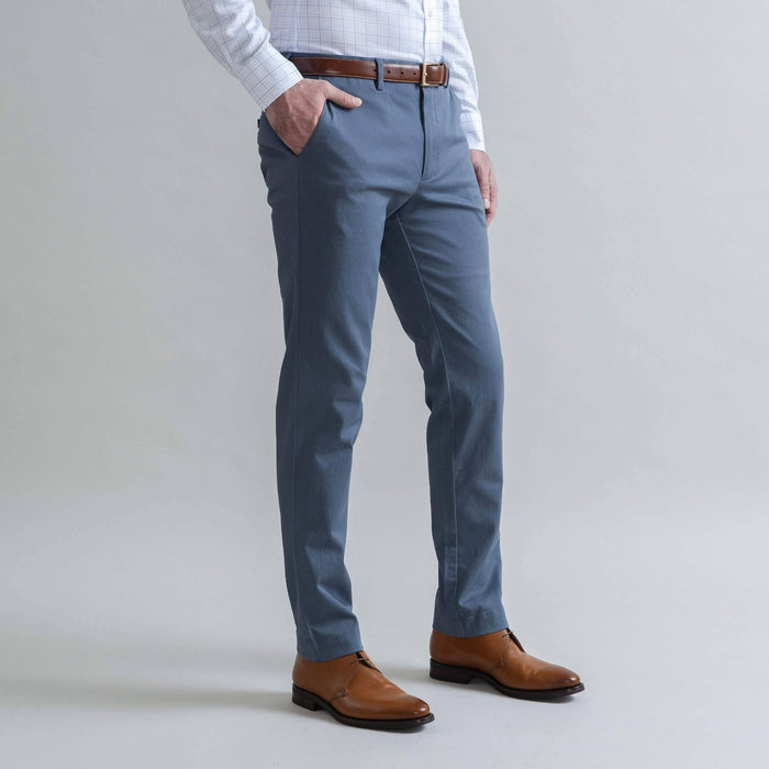 Men's slate blue chino pants close-up - Richmond fit tailored style