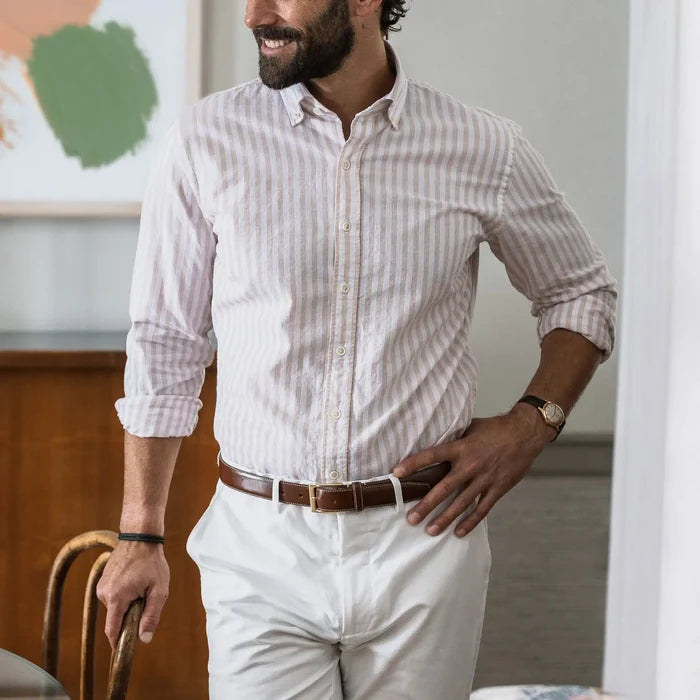 Man wearing tan stripe cotton linen shirt - Ledbury Barretto custom fit