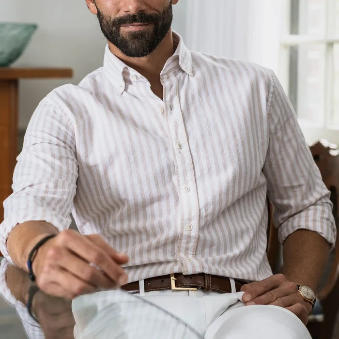 Tan stripe cotton linen casual shirt lifestyle photo - summer styling