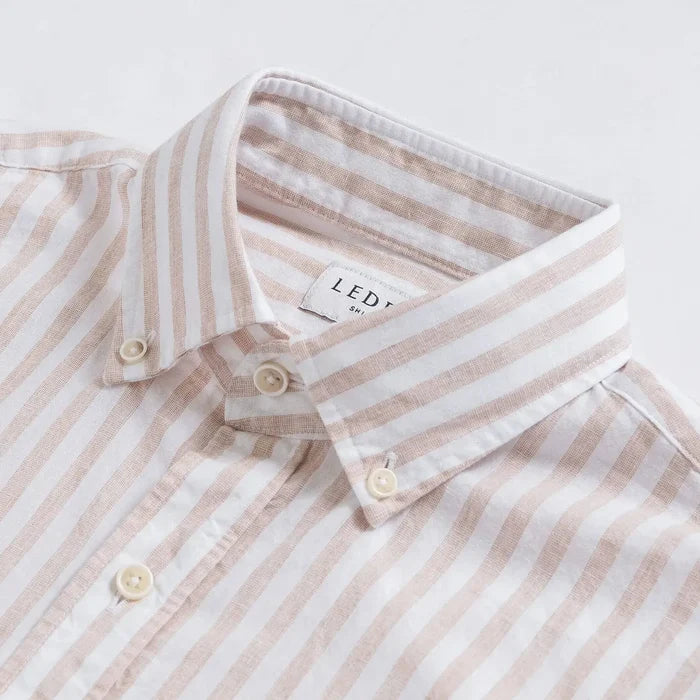 Tan stripe cotton linen shirt collar detail - 70% cotton 30% linen blend