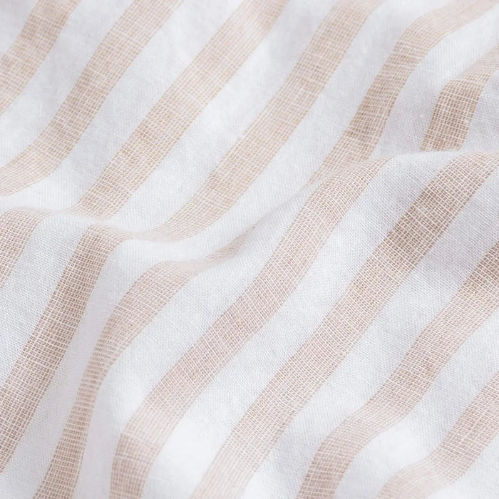 Tan Barretto stripe fabric close-up - speckled heather cotton linen texture