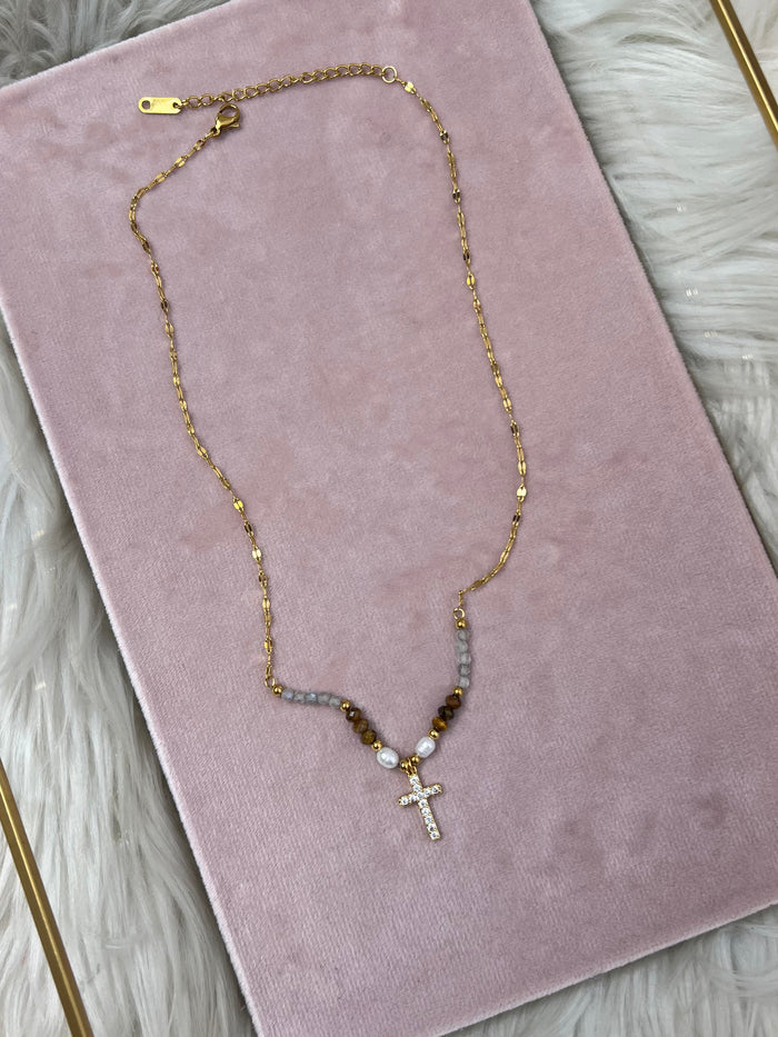 The Valencia Boho Crystal Cross Necklace – Water-Resistant, Tarnish-Resistant