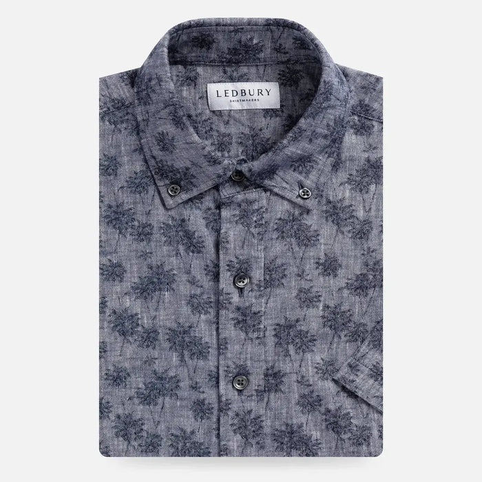 Vintage navy Sandoval palm print short sleeve custom shirt front view - Ledbury tropical casual shirt