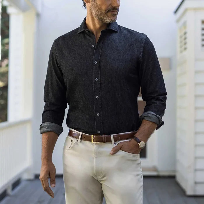 Man wearing washed black denim shirt - Ledbury Slater custom fit