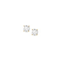 A pair of small, round, yellow gold diamond studs with push back clasps on a white background.