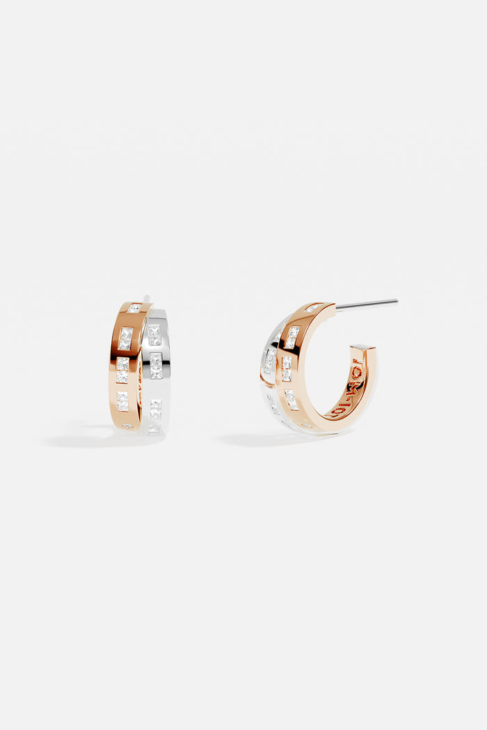 APM Hoop Earrings in two colors, a bold shimmer of modern elegance.