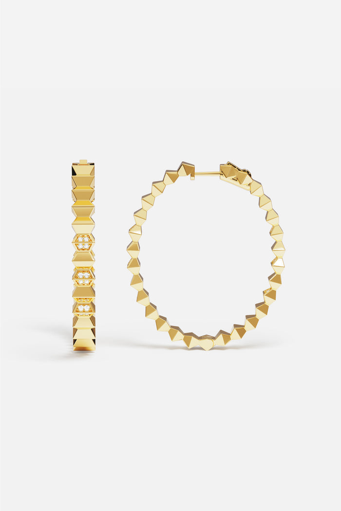 APM Hoop Earrings, faceted studs in golden hues, bold and radiantly modern.