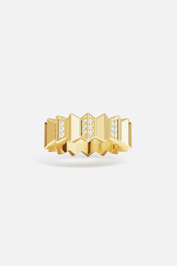 APM Ring in golden color, bold architectural edges with a modern art deco spirit.