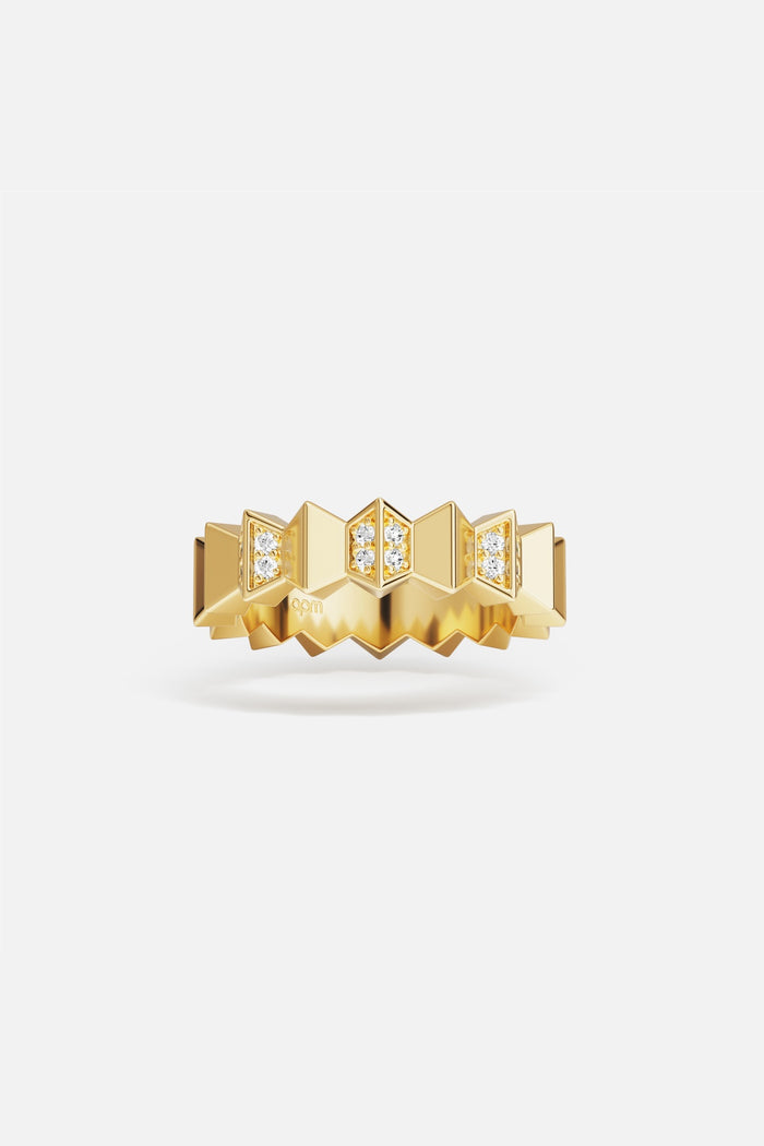 APM Ring in golden color, bold geometric edges with a radiant modern spirit.
