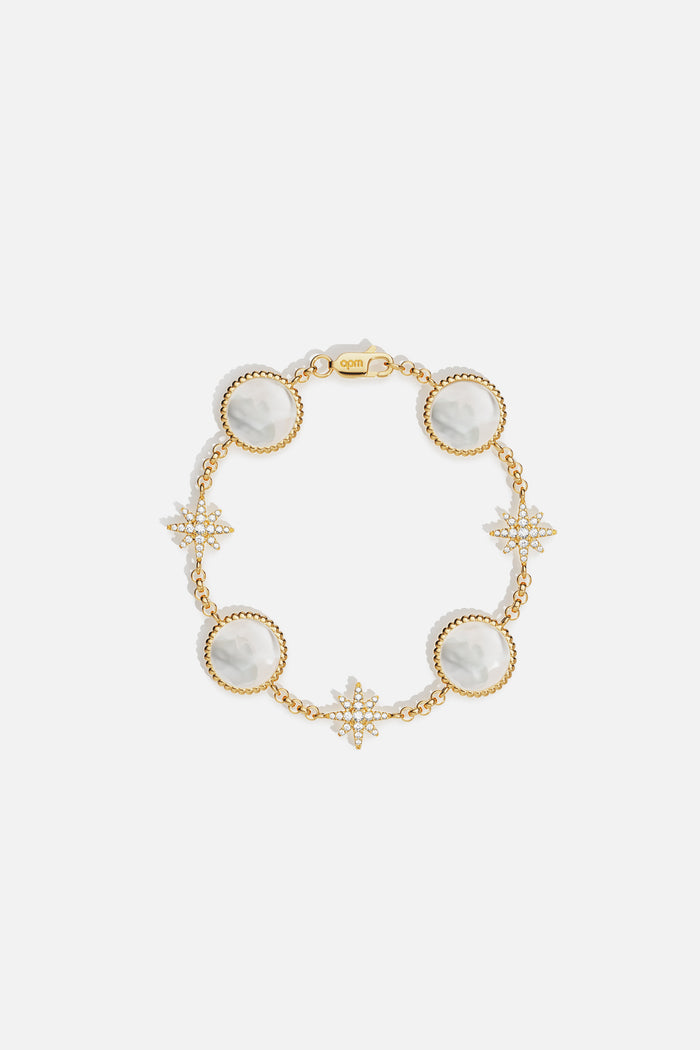 APM Bracelet in golden hues, celestial stars and pearly medallions for effortless charm.