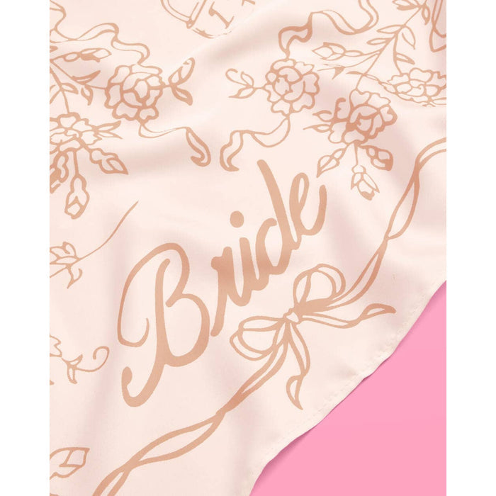 Tan Bride Head Scarf with floral pattern and 'Bride' text on beige background